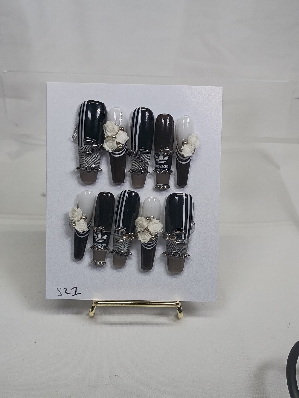 Black & White Striped Press-On Nail Set with Floral Accents